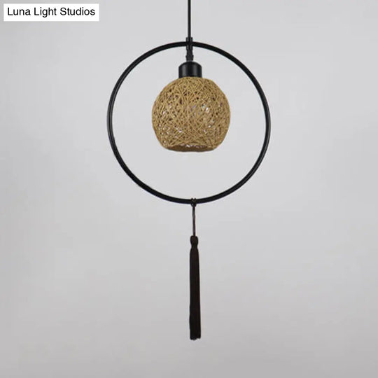 Stylish Asian Woven Rattan Pendant Lamp With Tassels - Beige/Blue/Red