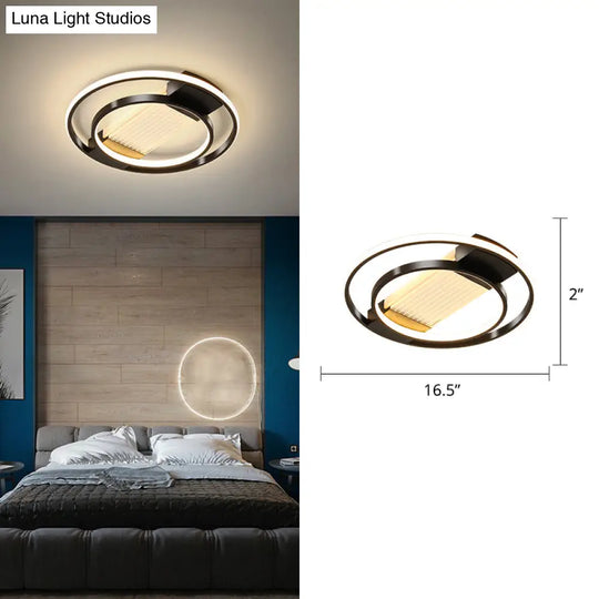 Stylish Bedroom Glow: Black Metallic Led Flush Mount Ceiling Light With A Simple Halo Design / 16.5