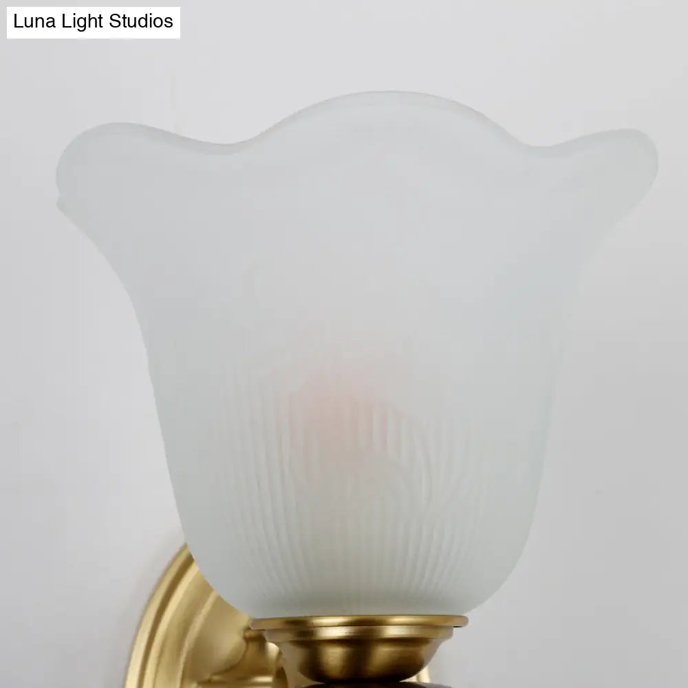 Stylish Bedroom Wall Sconce Light Fixture With Frosted Glass Petal Shade - Gold Tone