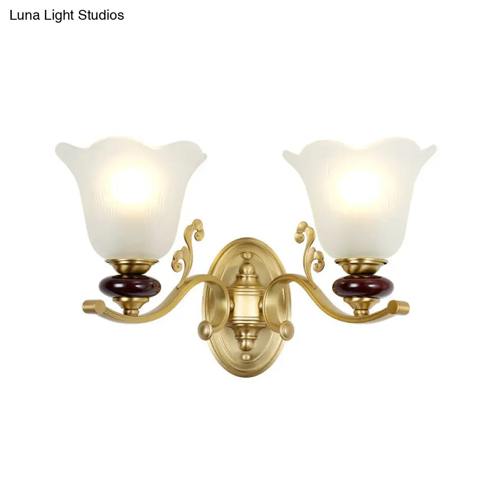 Stylish Bedroom Wall Sconce Light Fixture With Frosted Glass Petal Shade - Gold Tone