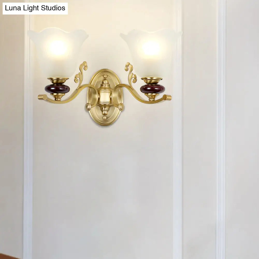 Stylish Bedroom Wall Sconce Light Fixture With Frosted Glass Petal Shade - Gold Tone