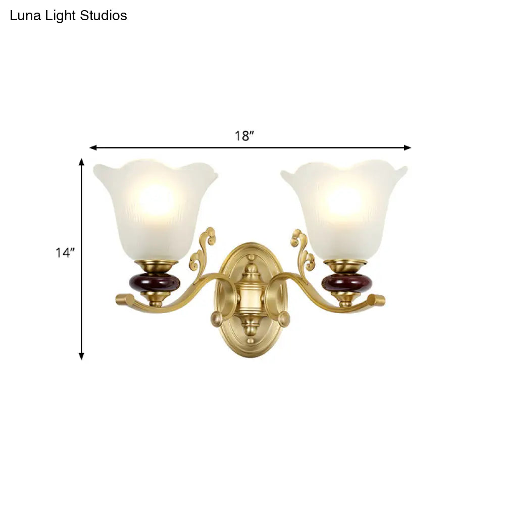 Stylish Bedroom Wall Sconce Light Fixture With Frosted Glass Petal Shade - Gold Tone