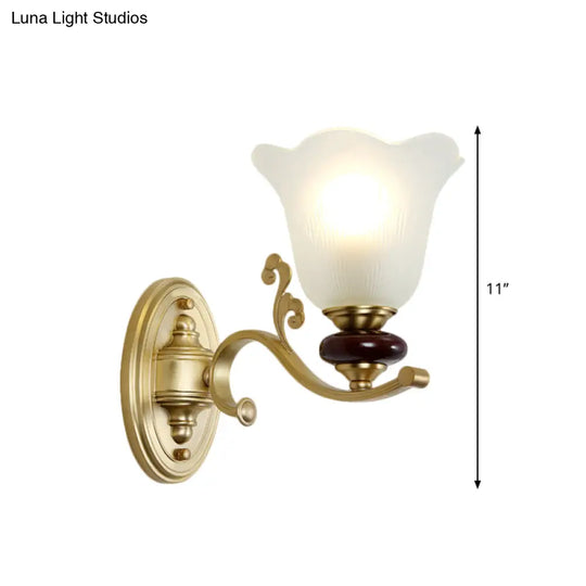 Stylish Bedroom Wall Sconce Light Fixture With Frosted Glass Petal Shade - Gold Tone