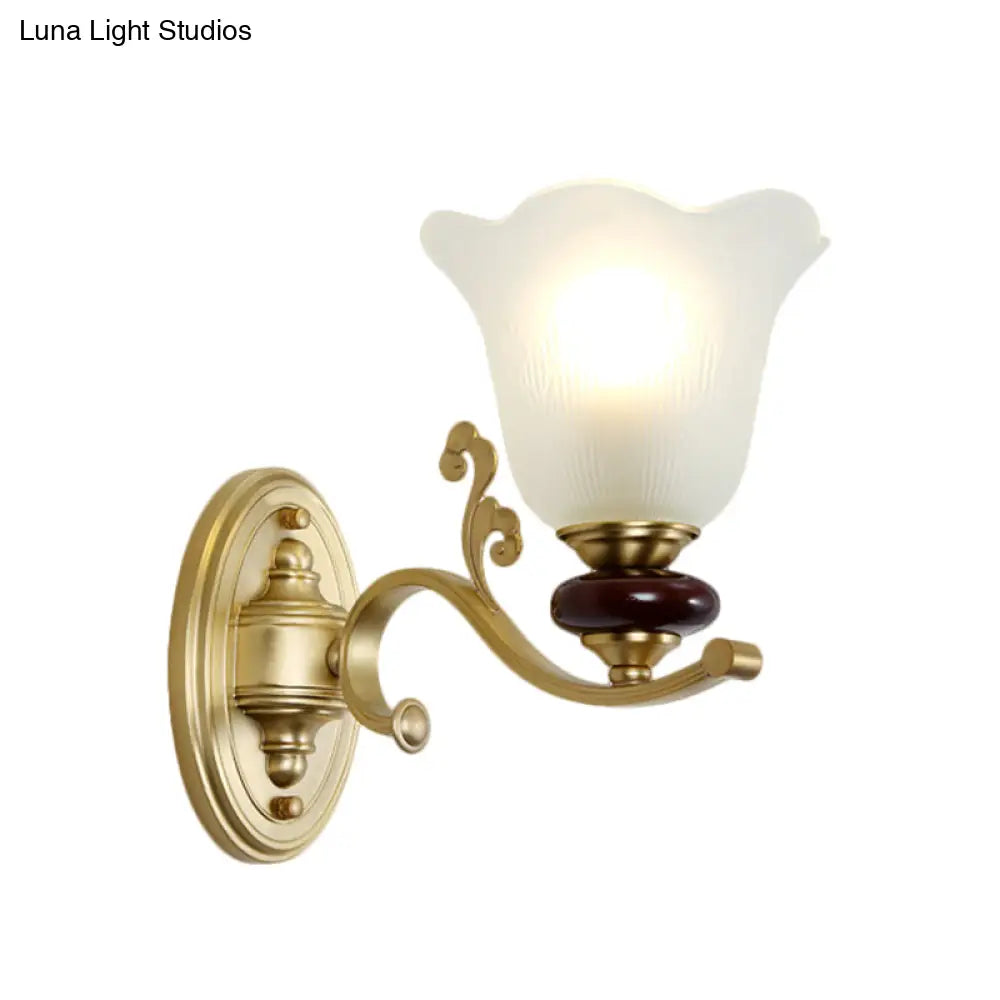 Stylish Bedroom Wall Sconce Light Fixture With Frosted Glass Petal Shade - Gold Tone