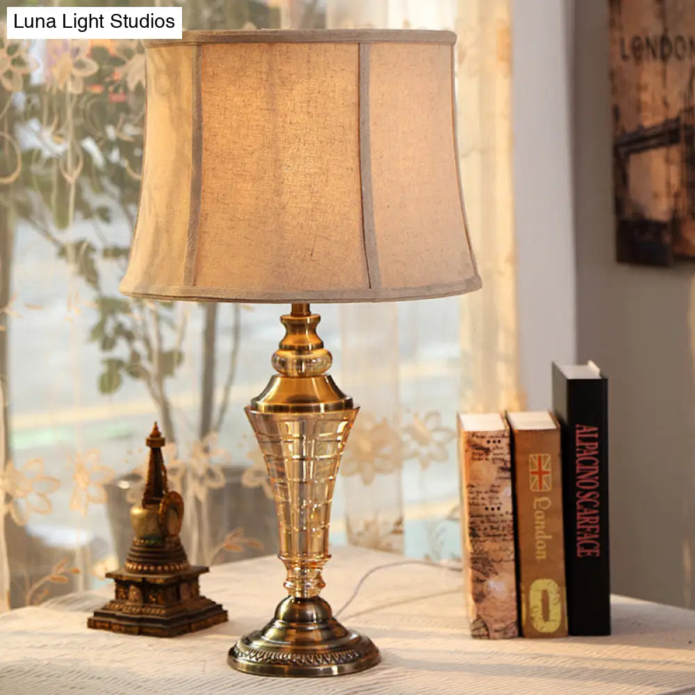 Stylish Beige Bedroom Table Lamp - Rustic Night Light With Tapered Fabric Shade