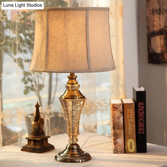 Stylish Beige Bedroom Table Lamp - Rustic Night Light With Tapered Fabric Shade