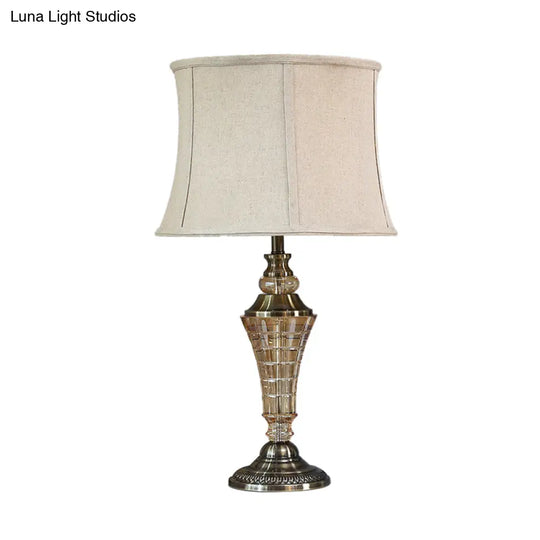 Stylish Beige Bedroom Table Lamp - Rustic Night Light With Tapered Fabric Shade