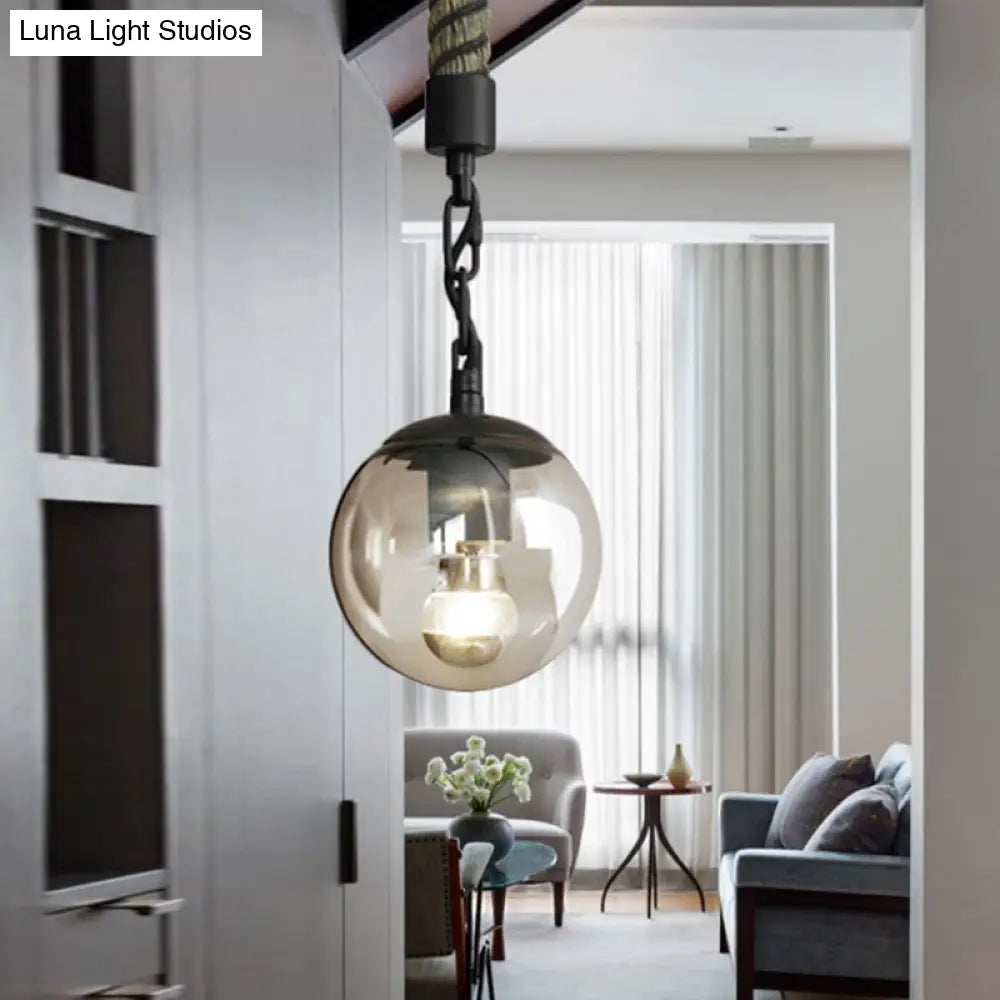 Lodge Style Black Finish Glass Pendant Light With Rope - Tan Color