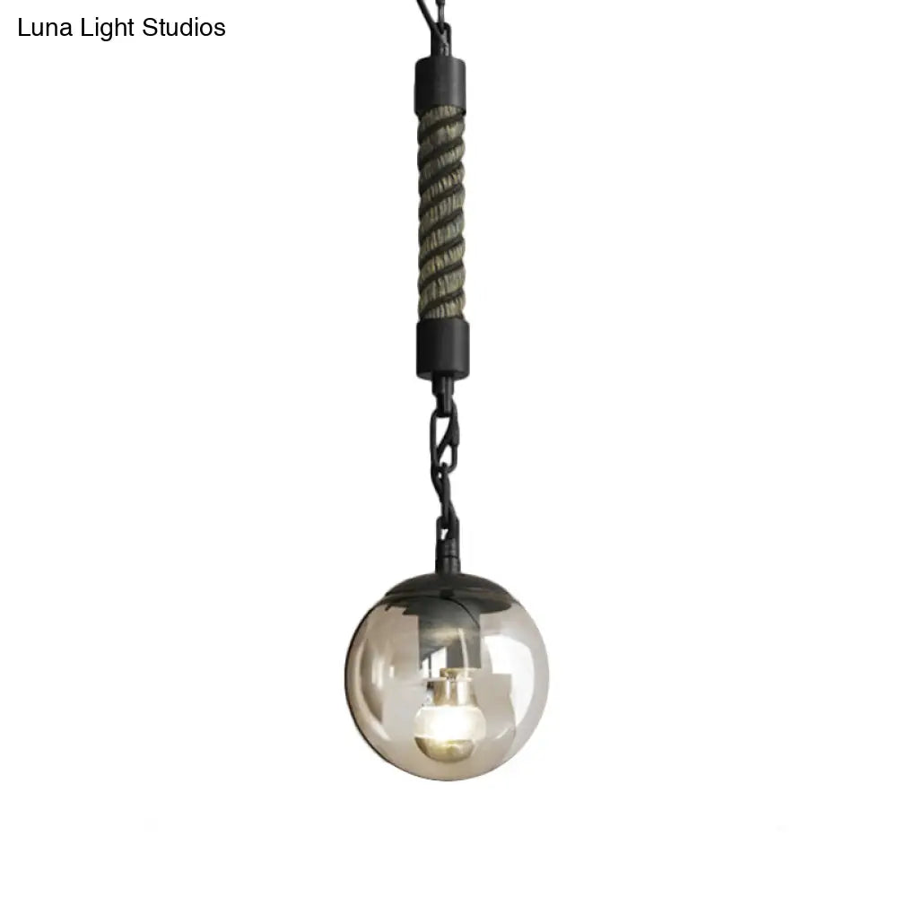 Lodge Style Black Finish Glass Pendant Light With Rope - Tan Color