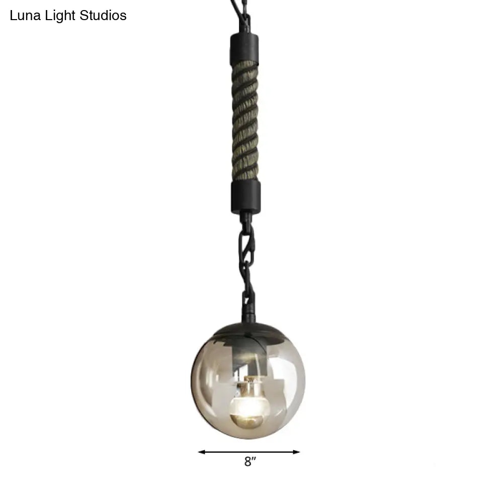 Lodge Style Black Finish Glass Pendant Light With Rope - Tan Color