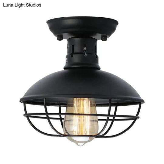 Stylish Black Bowl Semi Flush Mount Farmhouse Metal Ceiling Fixture With Cage Shade - 1 Light For