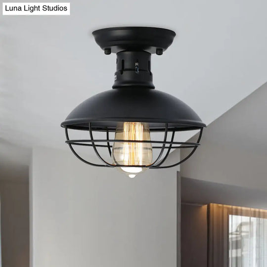 Stylish Black Bowl Semi Flush Mount Farmhouse Metal Ceiling Fixture With Cage Shade - 1 Light For