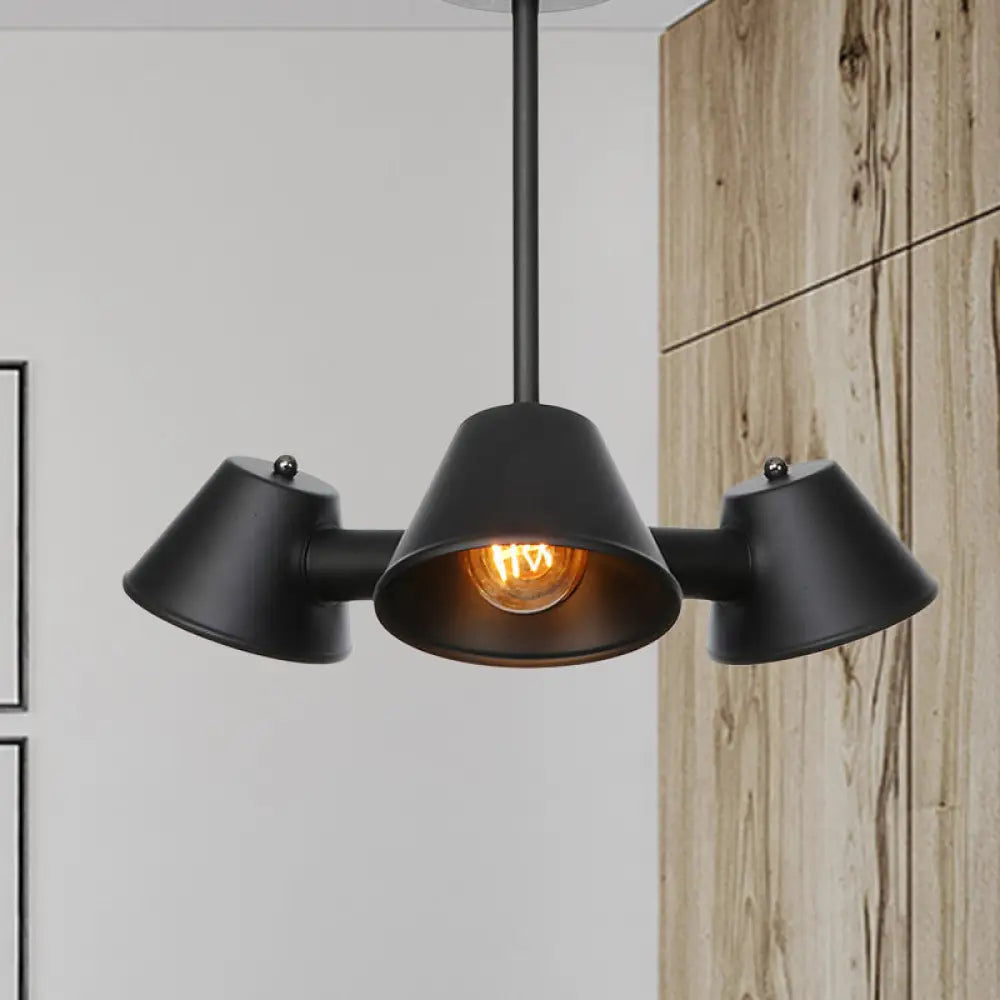 Stylish Black Industrial Chandelier With Conical Metal Shade - 3 Lights Indoor Ceiling Lamp