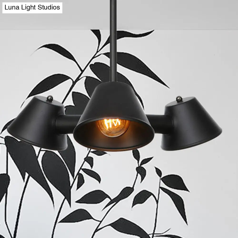 Stylish Black Industrial Chandelier With Conical Metal Shade - 3 Lights Indoor Ceiling Lamp