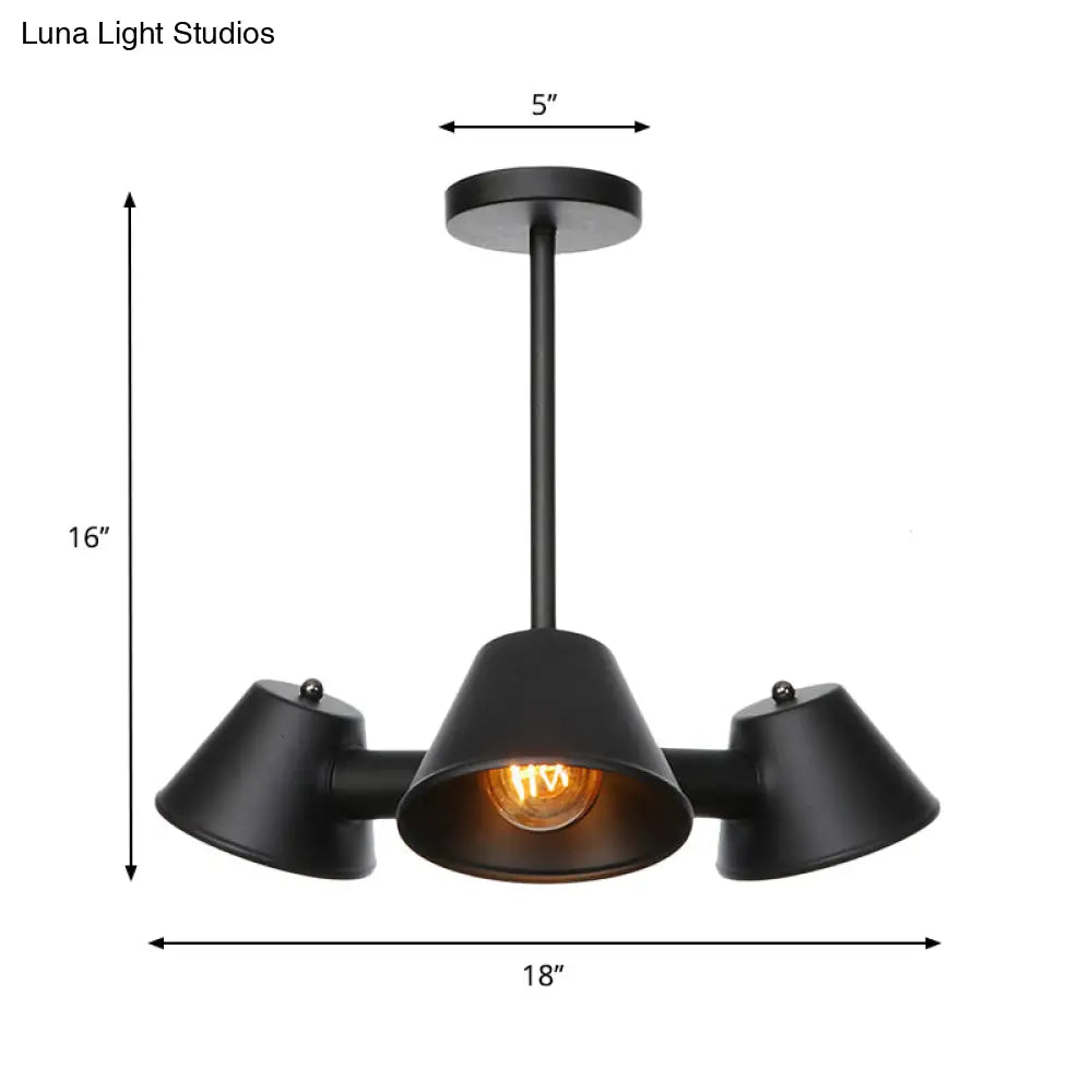 Stylish Black Industrial Chandelier With Conical Metal Shade - 3 Lights Indoor Ceiling Lamp