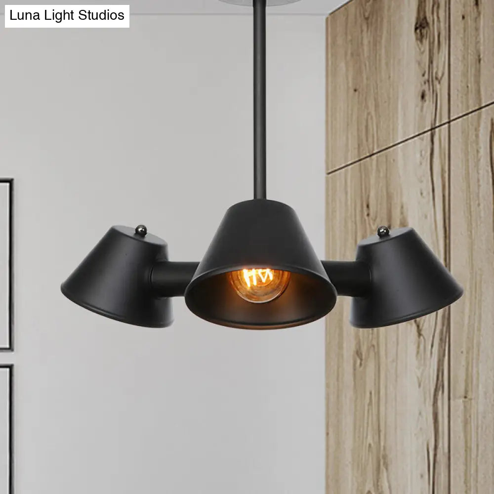 Stylish Industrial Chandelier With Conical Metal Shades And 3 Lights Black