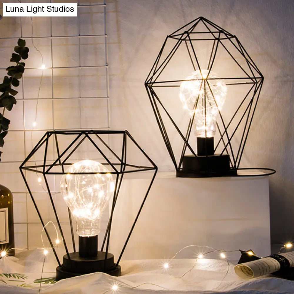 Stylish Black Metal Table Lamp With Cage Shade - Ideal For Bedside Or Loft Decor