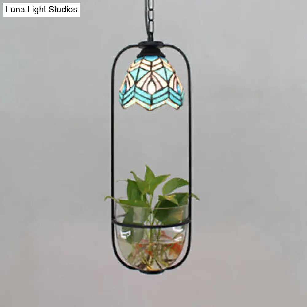 Handcrafted Blue Domed Tiffany Style Pendant Lamp With Stained Glass And Green Plant Accent 1 Light