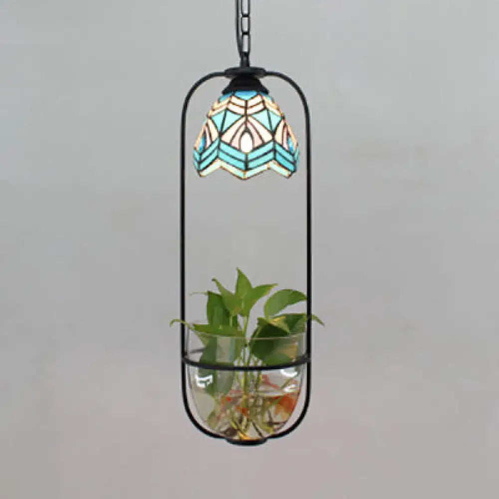 Stylish Blue Domed Suspension Tiffany Lamp: Handcrafted Stained Glass Pendant With Green Plant