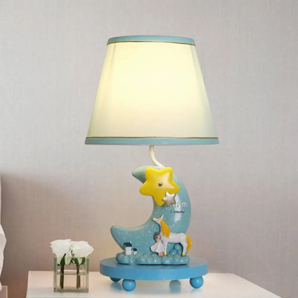 Stylish Blue Fabric Cone Table Lamp With Moon And Star Design