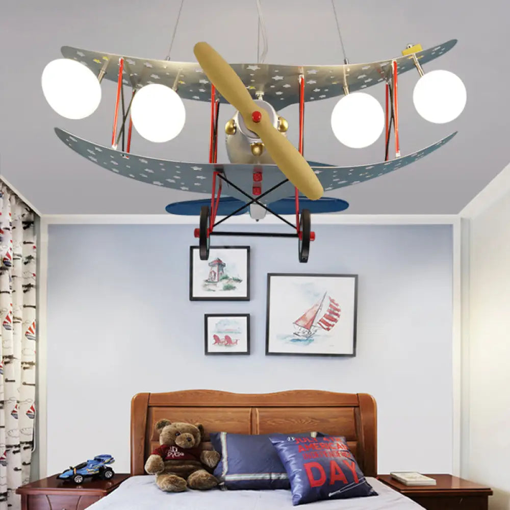 Stylish Blue Metal Chandelier With 4 Plane Hanging Lights For Living Or Nursing Room