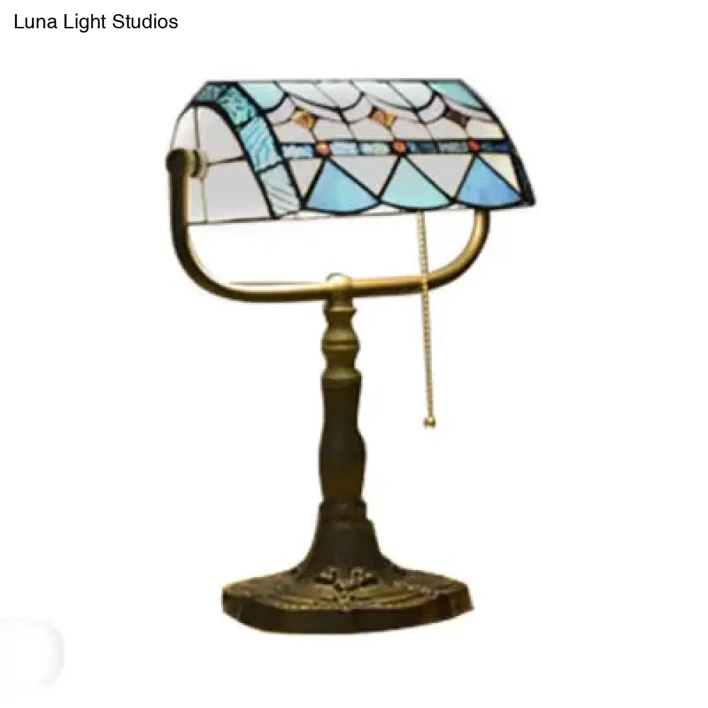 Stylish Blue/Orange Tiffany Table Lamp With Pull Chain & Rollover Shade