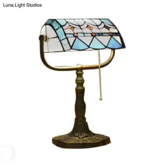 Stylish Blue/Orange Tiffany Table Lamp With Pull Chain & Rollover Shade