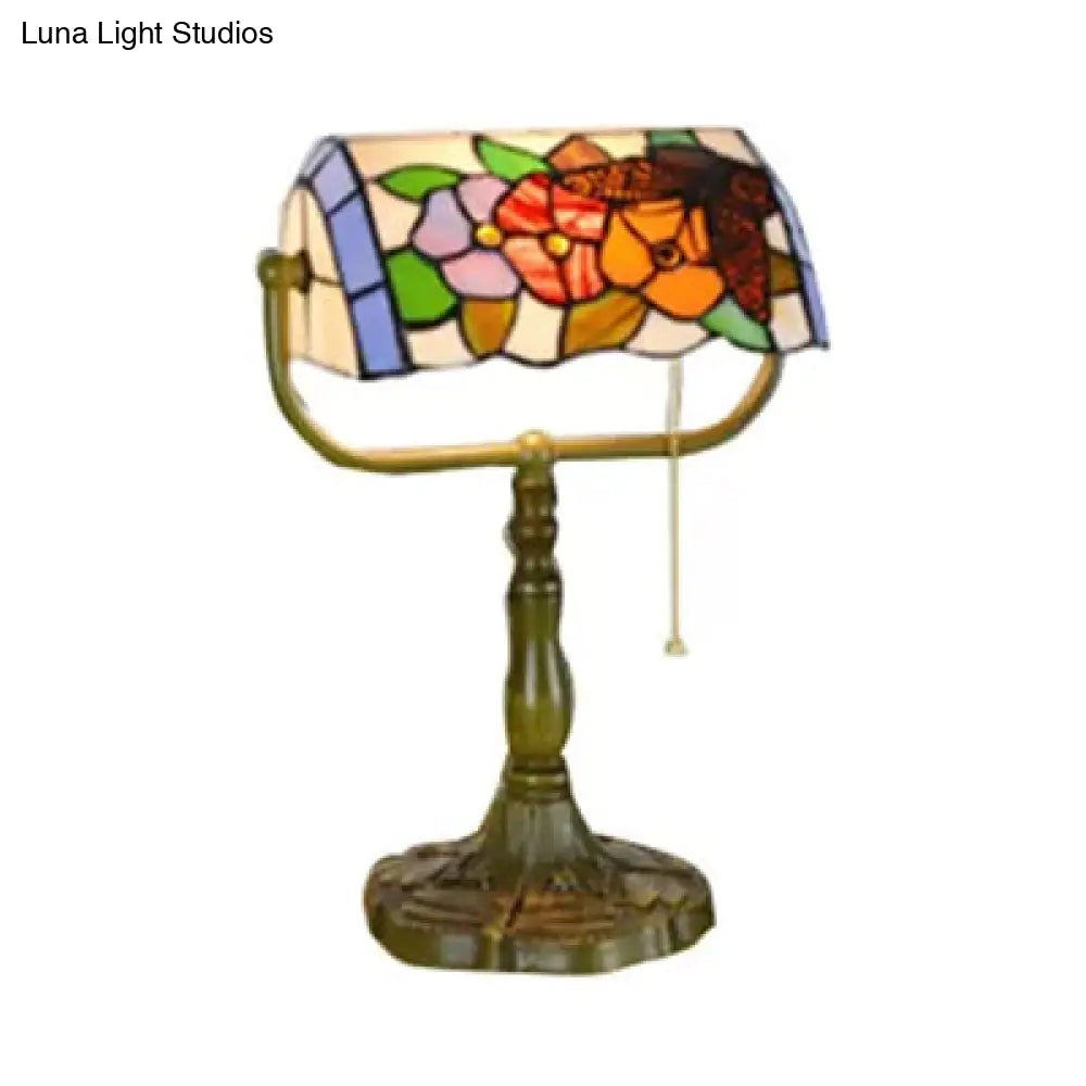 Stylish Blue/Orange Tiffany Table Lamp With Pull Chain & Rollover Shade