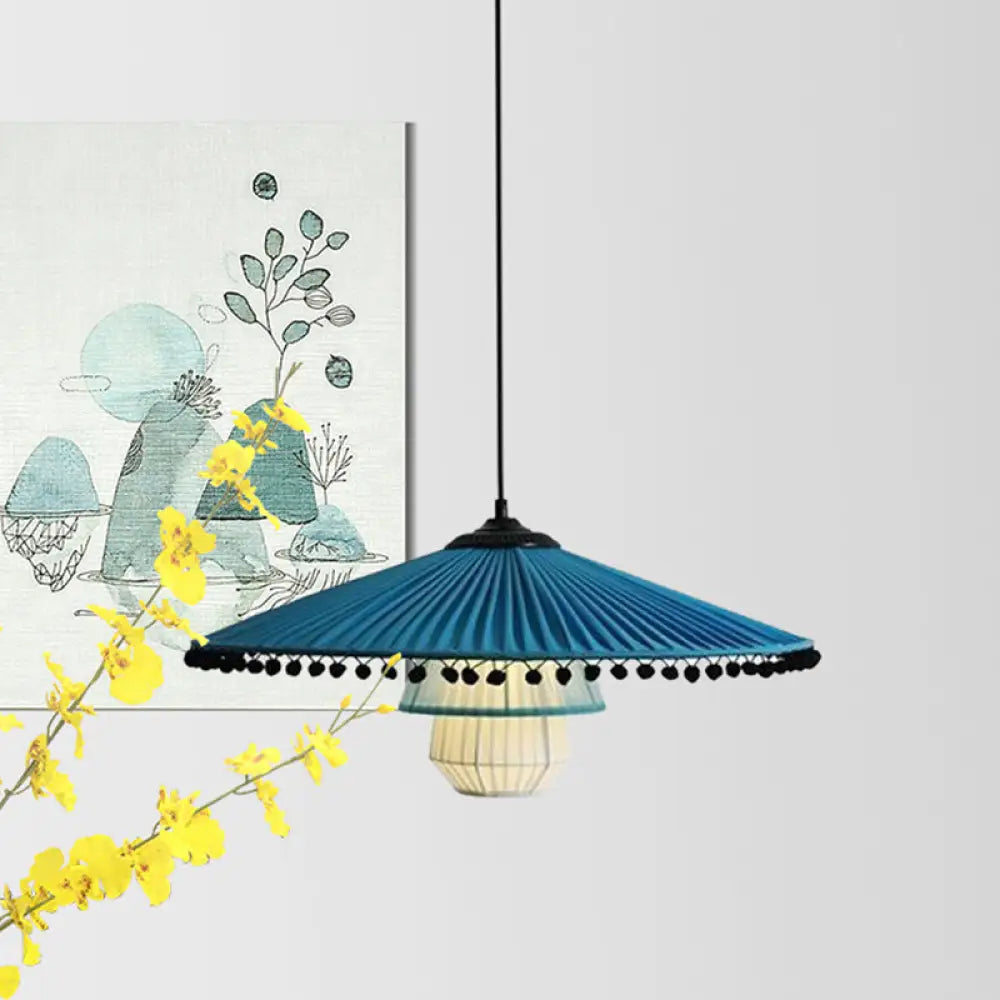 Stylish Blue Pendant Lamp With Bead Droplet – Modern Flare Gathered Fabric 1 Head