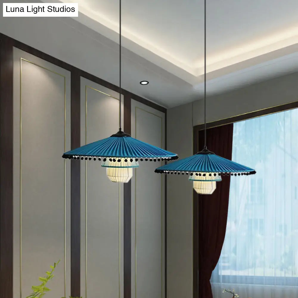 Stylish Blue Flare Pendant Lamp - Modern 1-Head Ceiling Light With Bead Droplet