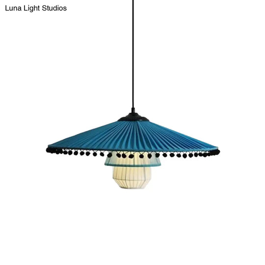 Stylish Blue Pendant Lamp With Bead Droplet – Modern Flare Gathered Fabric 1 Head