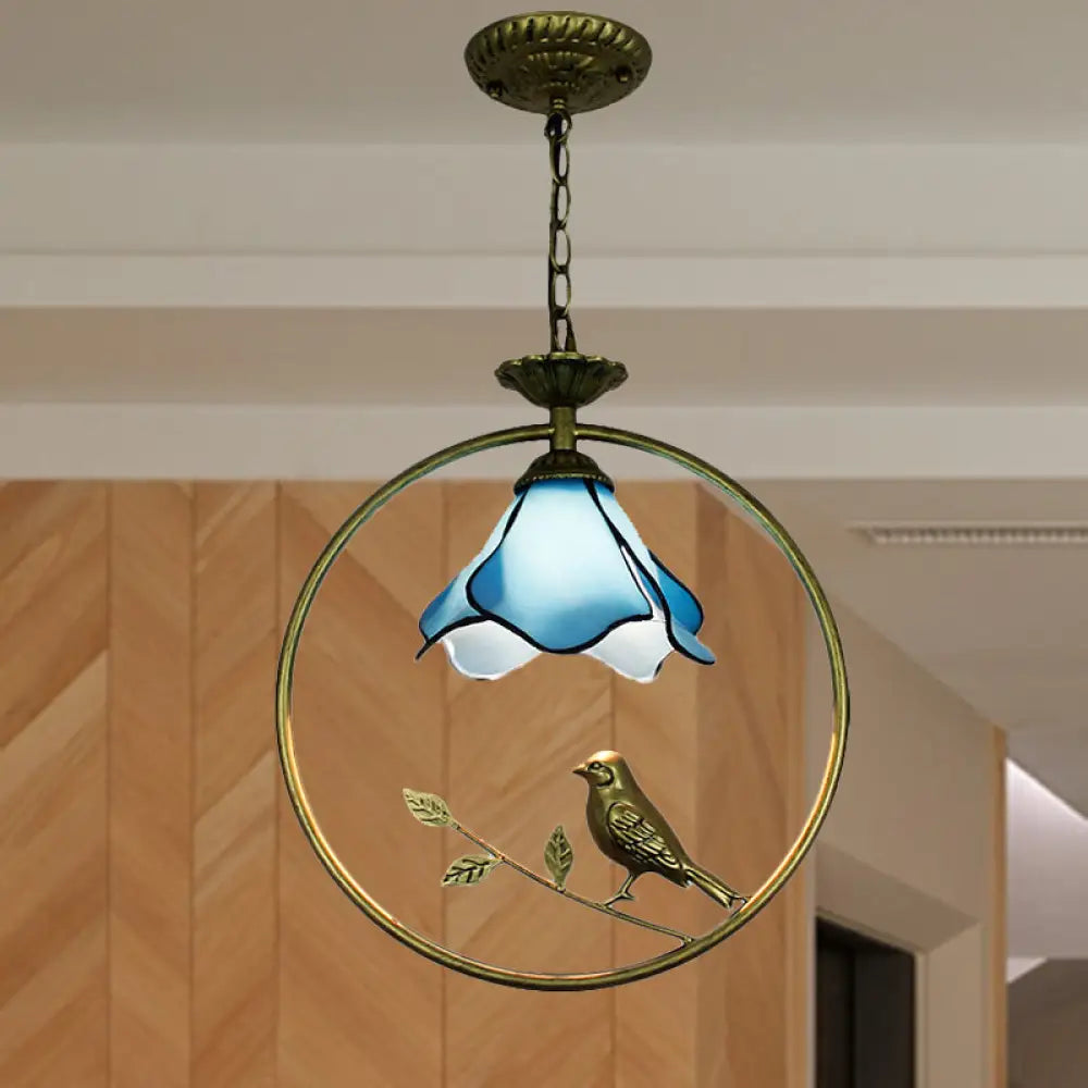 Stylish Blue Petal Tiffany Hanging Light Fixture - Handcrafted Art Glass Ceiling Lamp With Metal