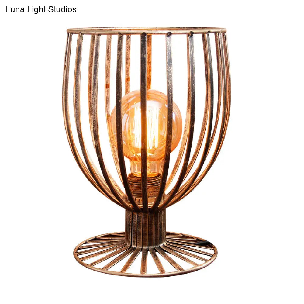 Stylish Bronze/Black Farmhouse Table Lamp With Wrought Iron Wine Glass Cage Shade