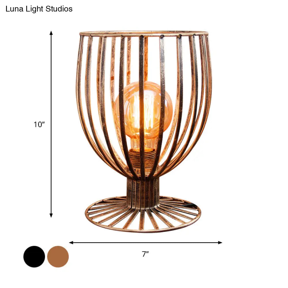 Stylish Bronze/Black Farmhouse Table Lamp With Wrought Iron Wine Glass Cage Shade