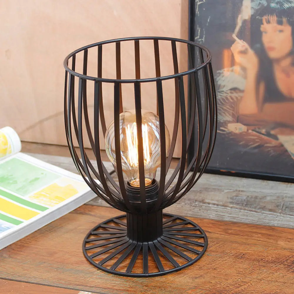 Stylish Bronze/Black Farmhouse Table Lamp With Wrought Iron Wine Glass Cage Shade Black