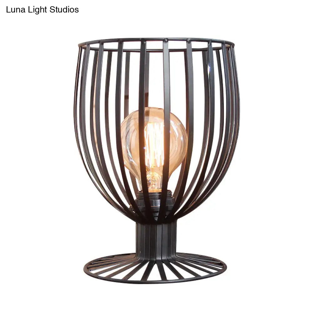 Stylish Bronze/Black Farmhouse Table Lamp With Wrought Iron Wine Glass Cage Shade