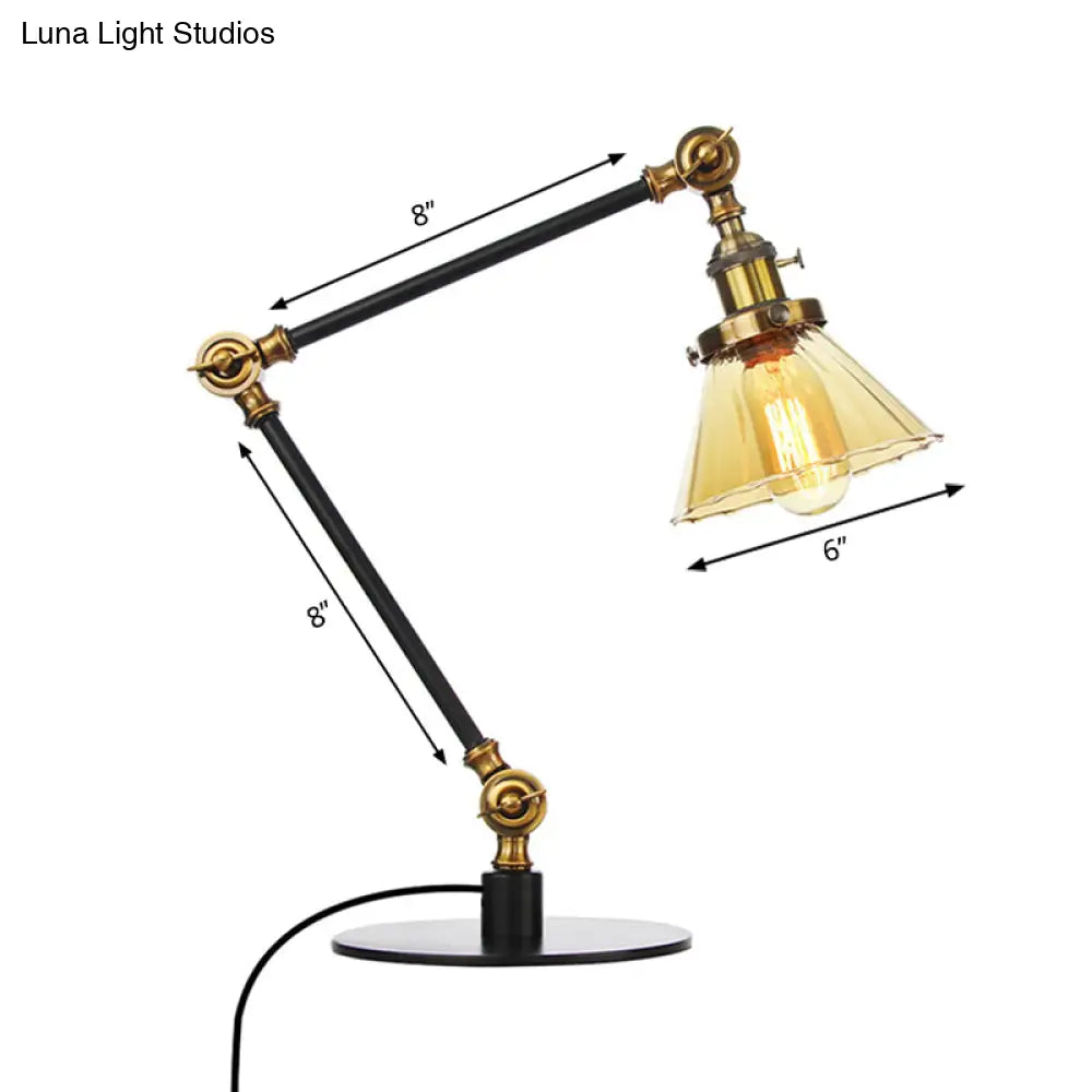 Stylish Cone Clear/Amber Glass Table Lamp - 1 Light Black/Brass Lighting For Study Room