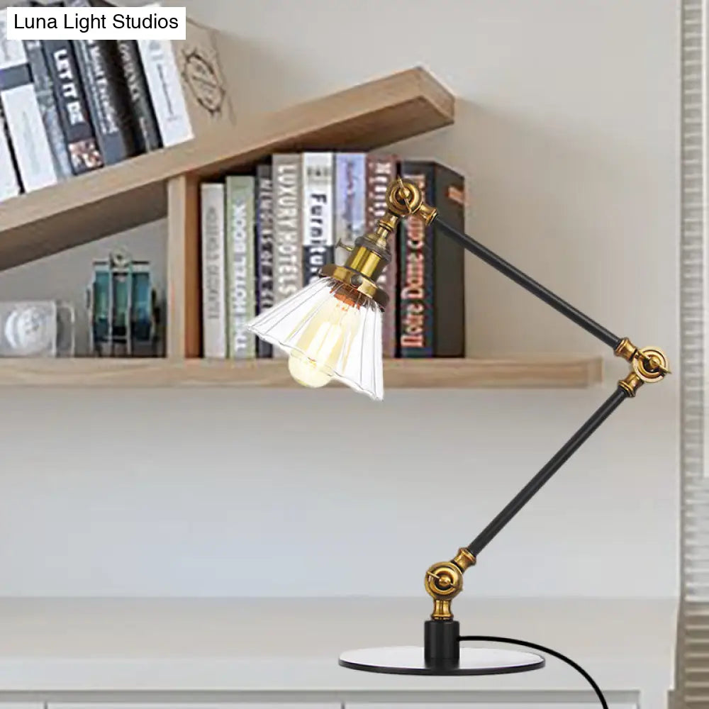 Stylish Cone Clear/Amber Glass Table Lamp - 1 Light Black/Brass Lighting For Study Room