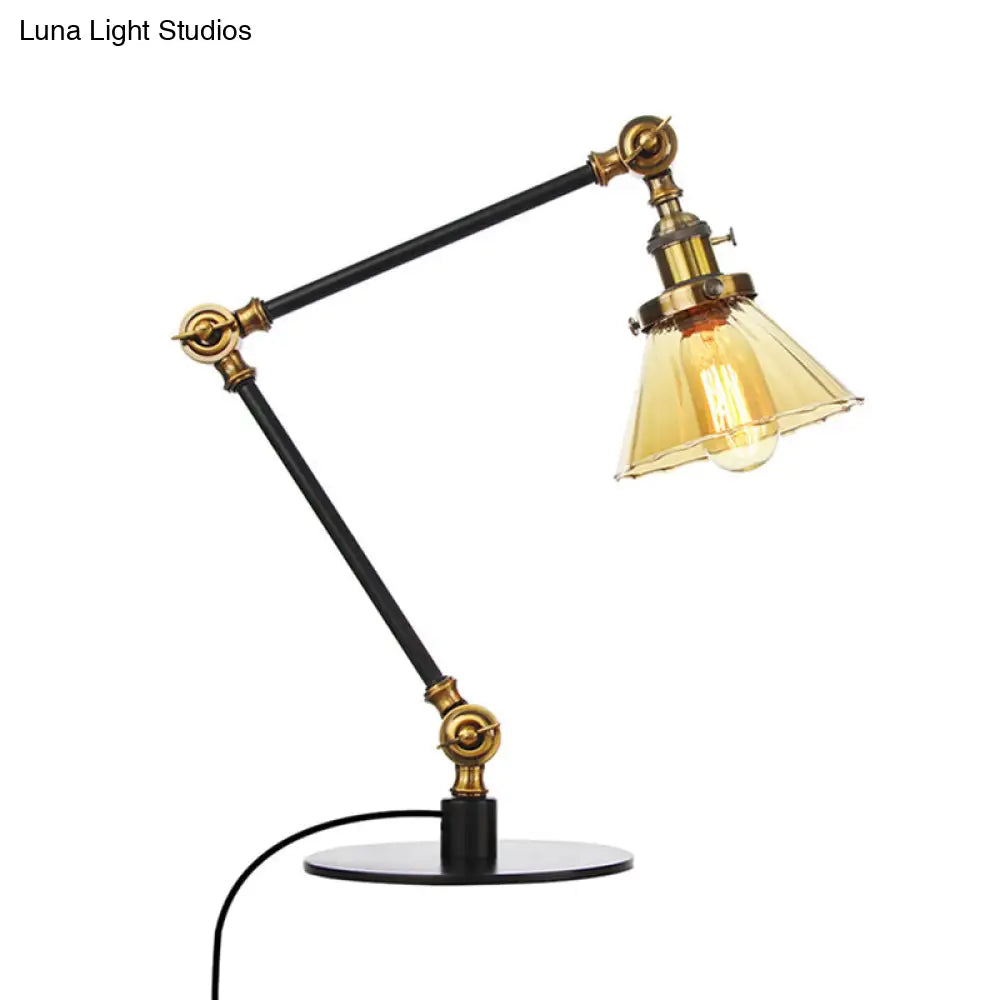 Stylish Cone Clear/Amber Glass Table Lamp - 1 Light Black/Brass Lighting For Study Room