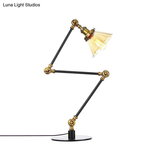 Stylish Cone Clear/Amber Glass Table Lamp - 1 Light Black/Brass Lighting For Study Room