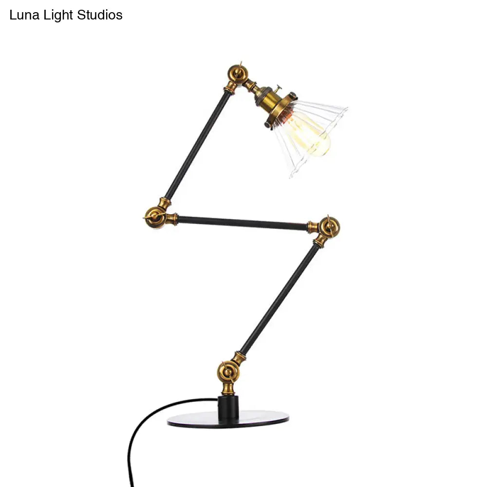 Stylish Cone Clear/Amber Glass Table Lamp - 1 Light Black/Brass Lighting For Study Room