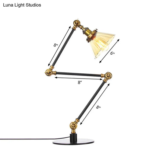 Stylish Cone Clear/Amber Glass Table Lamp - 1 Light Black/Brass Lighting For Study Room