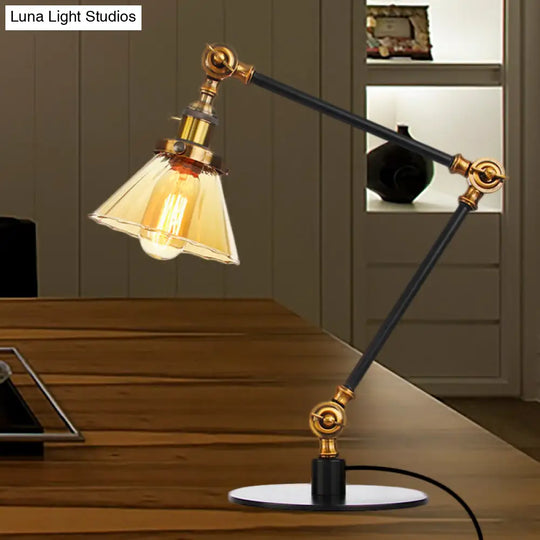 Stylish Cone Clear/Amber Glass Table Lamp - 1 Light Black/Brass Lighting For Study Room