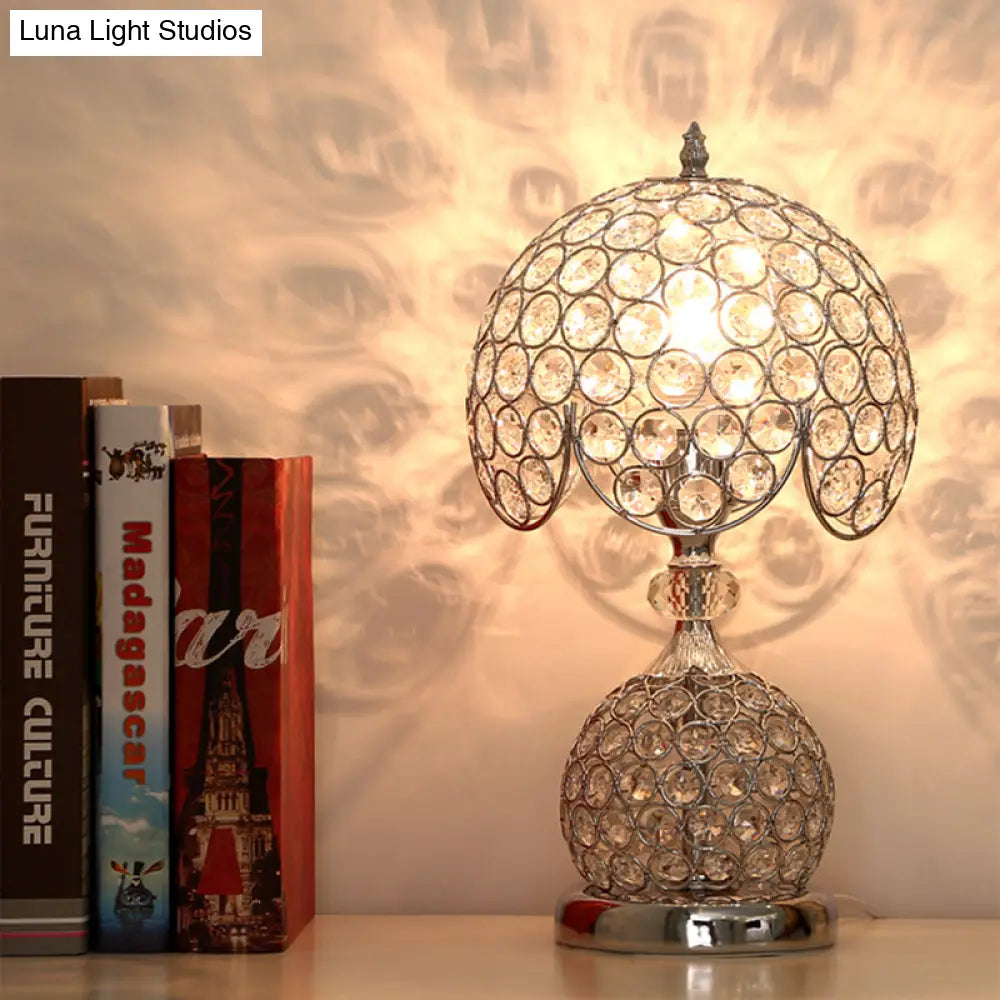 Stylish Crystal Silver Bedside Table Lamp With Scalloped Dome Design