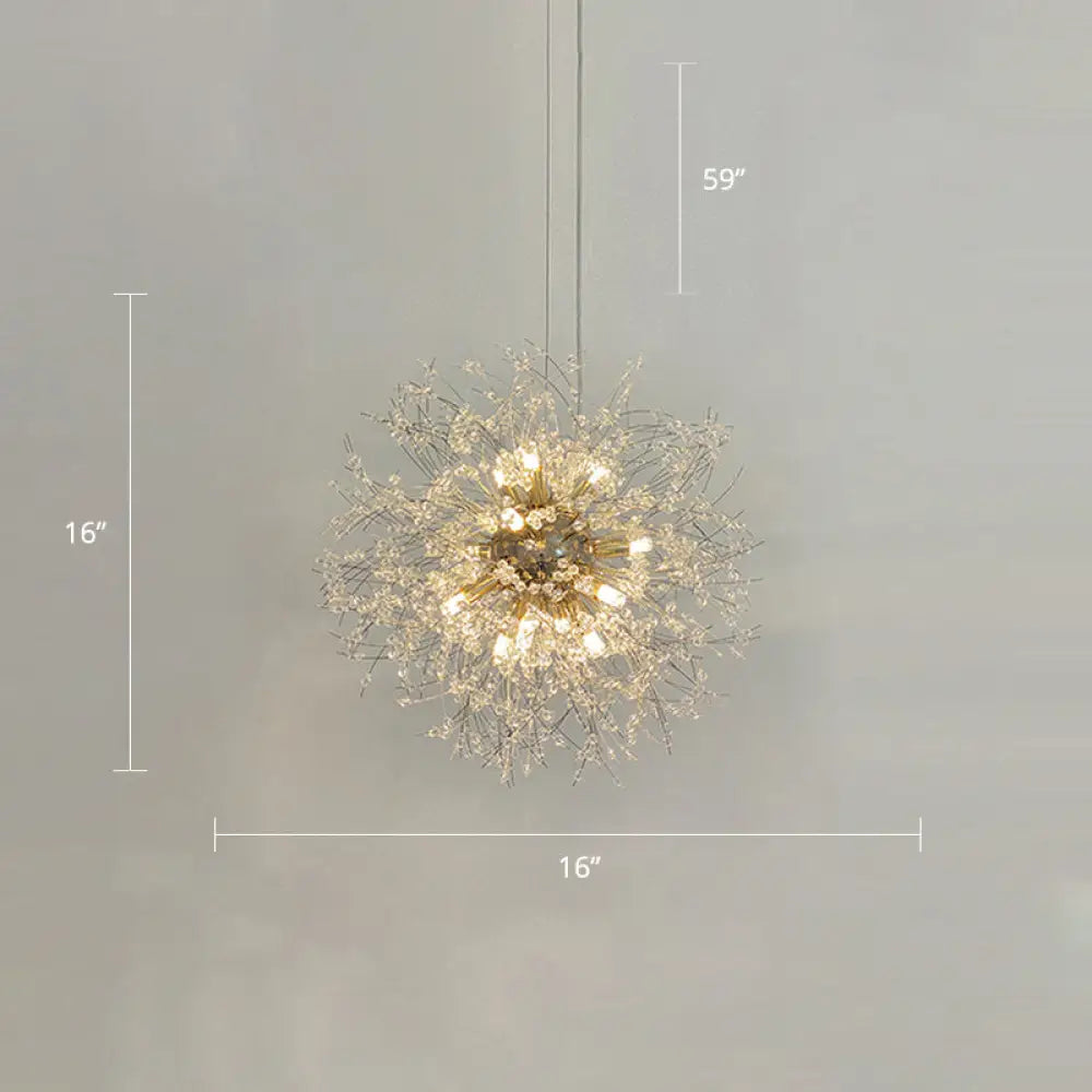 Stylish Dandelion Chandelier With Clear Crystal Beads - Modern Led Ceiling Light For Bedroom Brass