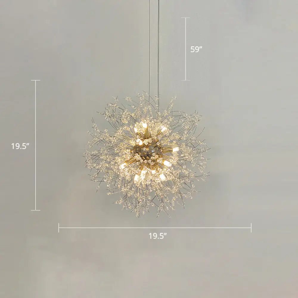 Stylish Dandelion Chandelier With Clear Crystal Beads - Modern Led Ceiling Light For Bedroom Brass