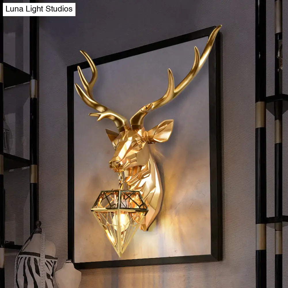 Stylish Deer Wall Mount Light With Diamond Shade - Lodge Resin Fixture 1 Head 14.5/19.5 W