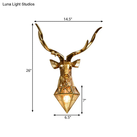 Stylish Deer Wall Mount Light With Diamond Shade - Lodge Resin Fixture 1 Head 14.5/19.5 W