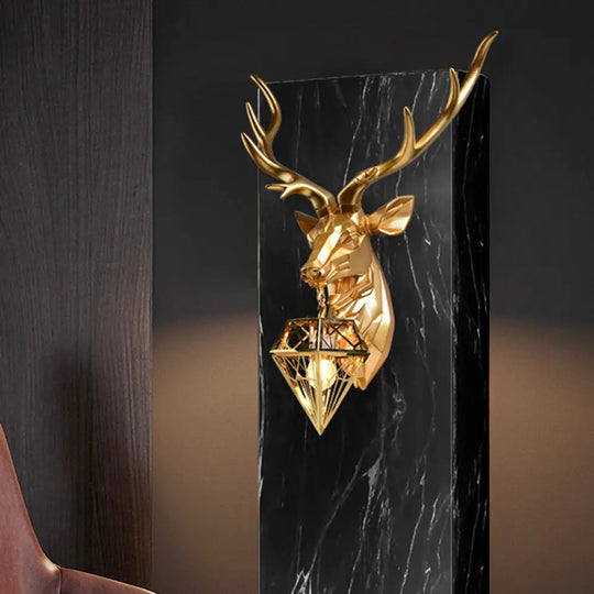 Stylish Deer Wall Mount Light With Diamond Shade - Lodge Resin Fixture 1 Head 14.5/19.5 W Gold /