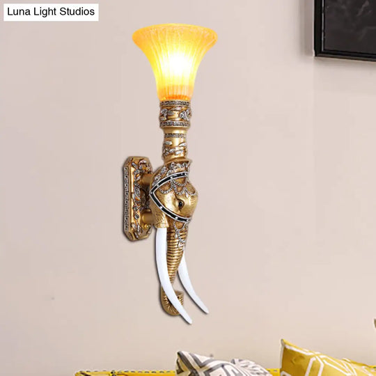 Stylish Elephant Corridor Wall Light: Retro Resin Gold Finish Bell Amber Glass Shade